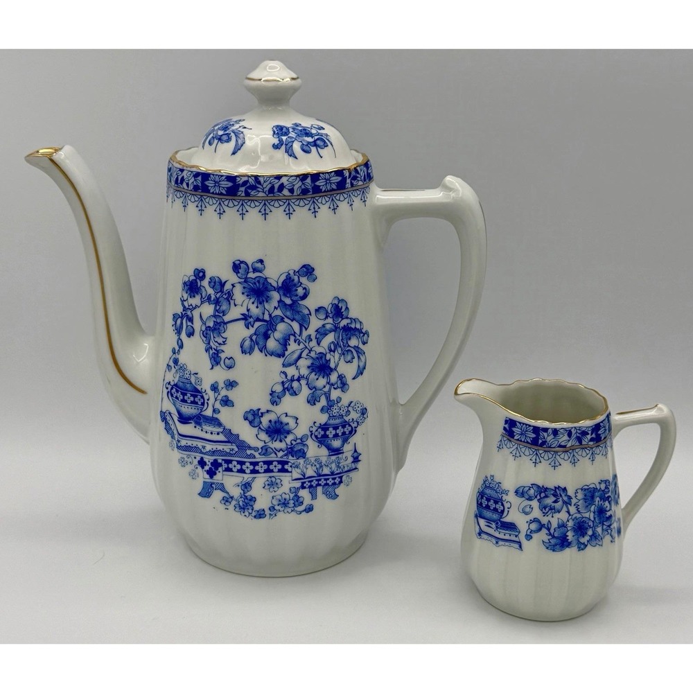 Seltmann Weiden Teapot Coffee Pot & Creamer Bavaria Porcelain 9" Blue White EUC